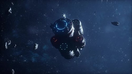 Futuristic Spaceship Flying Through an Asteroid Field Animation