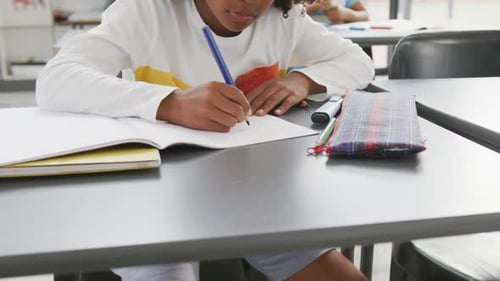 Video of african american schoolboy sitting at desk writing in school class
