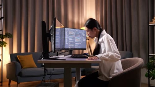 Woman Typing Code on Computer Monitors at Home