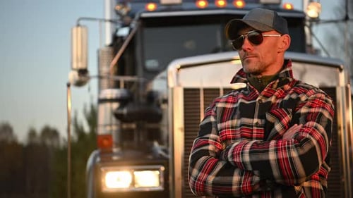 Professional Semi Truck Driver and His Semi Truck in the Background