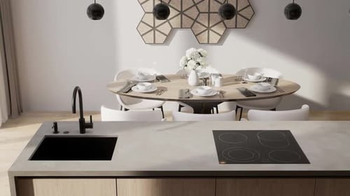 Kitchen-dining room, room in a modern minimalist style. Open space. 3D rendering.