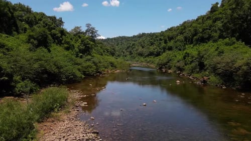 Drone filmé à basse altitude au-dessus d'une petite rivière dans la forêt tropicale de Misiones, en Argentine.