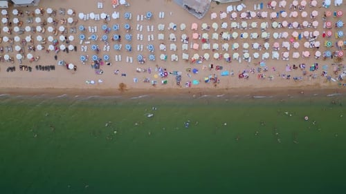 Aerial View of a Picturesque Beach Lined with Umbrellas and People Enjoying a Sunny Day By the Sea