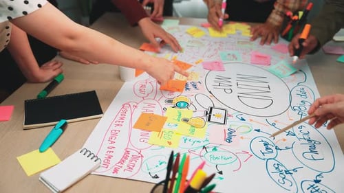 Creative Team Brainstorming Session with Colorful Mind Map on Table Filled with