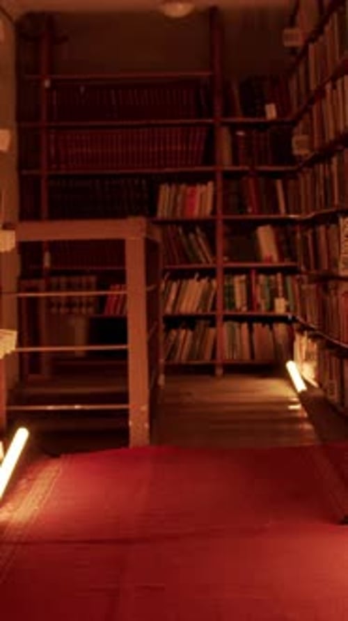 Night Library with Flashing Lights Stock Footage Corridor with Bookshelves in Night Library Flashing