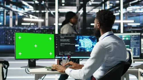 Data Center Admin Using AI Node Tree Software on Isolated Screen PC