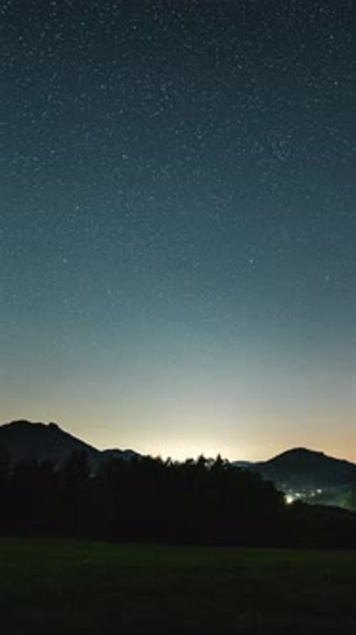 Stars in Starry Night Sky Over Countryside Landscape, Vertical Astronomy Timelapse