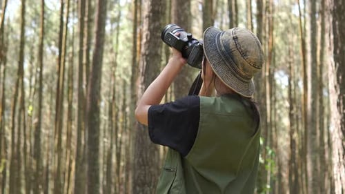 Attractive young Asian woman is holding a camera, taking picture of the forest nature.