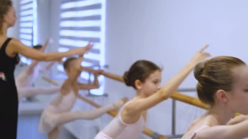 Young Girls Practicing Ballet in Bright Dance Studio
