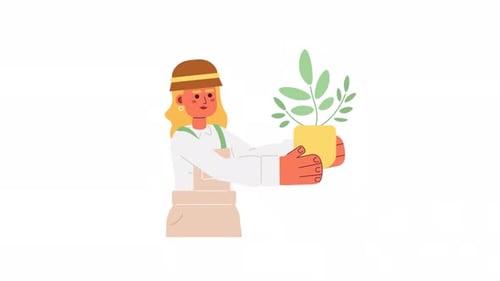 Gardener woman holding plant 2D character animation