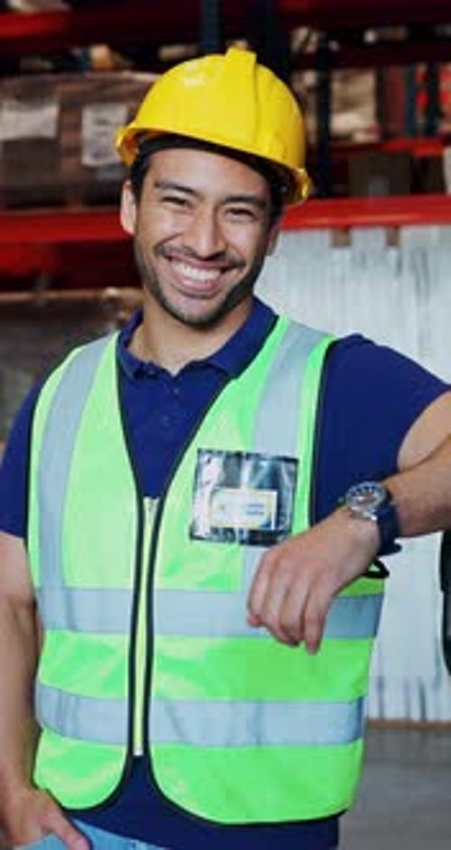 Man, face and smile with shipping in warehouse for stock, delivery or inspection
