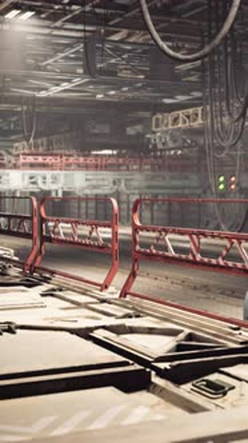 Exploring an Abandoned Industrial Warehouse with Rusty Structures and Cables