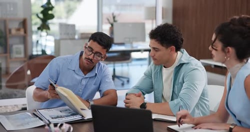 Laptop, media agency and business people in meeting, notebook for article facts and talking