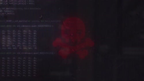 Digital Glitch Hacking Error Screen with Red Skull Icon