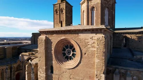 Panoramic aerial drone view of typical Gothic architecture La Seu Vella cathedral: vaults, colonnade