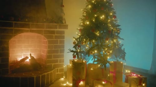 Festive Glowing Christmas Tree With Presents Gift Boxes Under It