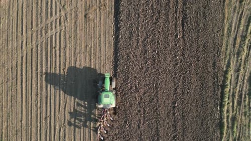 Tractor Plows Land In The Field Top View