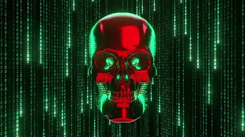 Futuristic Rotating Cyber Skull and Binary Code Background