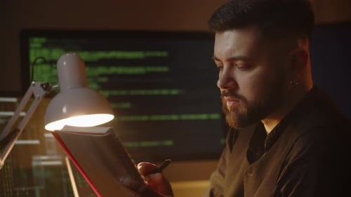 The Software Developer Writes Notes in His Notebook Closeup of a Male Developer Sitting in Front of