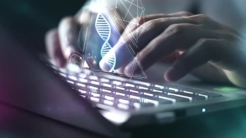 Animated DNA Helix with Futuristic Digital Overlay