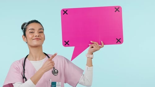 Happy woman, doctor and pointing to speech bubble in advertising on mockup against a studio