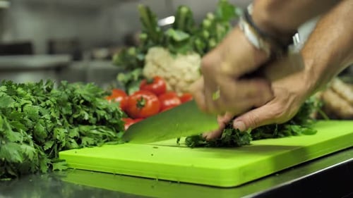 Parsley cut in kitchen restaurant on vegetable background by unrecognizable chef