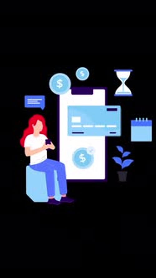 Woman Typing Message, Business Items Flying Air Infograph Vertical Alpha Channel