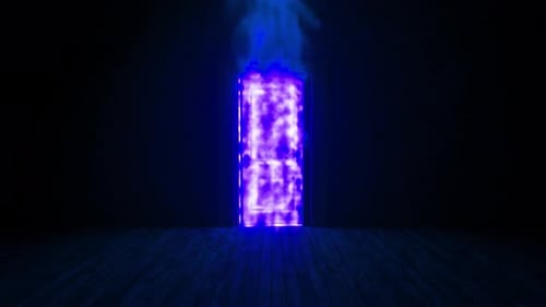 Mysterious purple energy door opening in a dark room