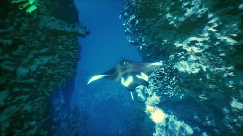 Une raie manta survole un récif corallien vibrant dans les profondeurs de l'océan bleu clair
