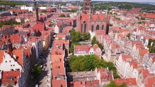 Gdansk Old Town Aerial shot. Bazylika Mariacka and the surrounding buildings. Gdansk City Drone Foot
