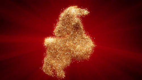 Zodiaque chinois de chèvre à paillettes dorées sur fond rouge avec feux d'artifice