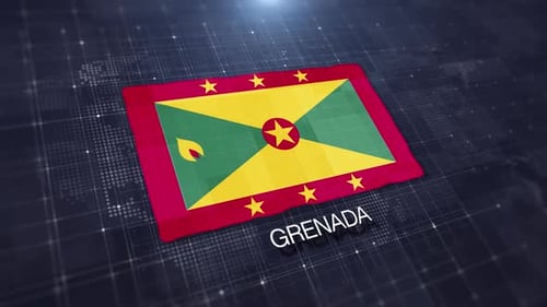 Animated Grenada National Flag on Digital World Map Background