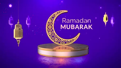Ramadan Mubarak Glowing Crescent Moon with Golden Lanterns