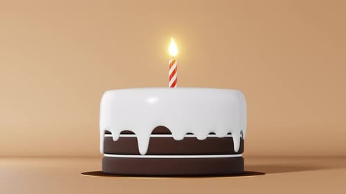 Chocolate cake white icing candle 3d rendering loop animation pastel background Sweet cream dessert