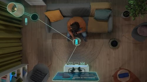 Top View of Man Sitting on the Sofa Switching on House Gadgets Using App on Smartphone Infographic