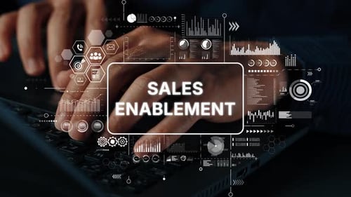 Hands Typing on Laptop with Digital Sales Enablement Overlay