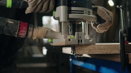 Craftsman Hands Polishing Wooden Table with Machine Man Carpenter Using Grind Drill Equipment Cut a