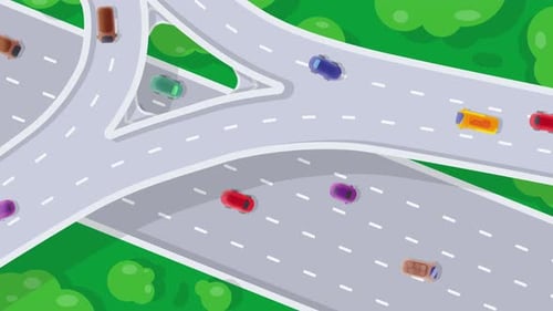 Luftaufnahme der Autobahnkreuzung mit fahrenden Autos.