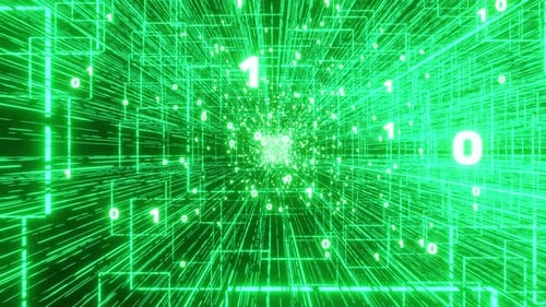 Grüner digitaler Cyberspace mit fließenden Zahlen, Einsen und Nullen, 3D-Rendering. Binärsystem Big Data