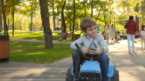 Portrait of cheerful smiling boy having fun in park while driving toy tractor for children