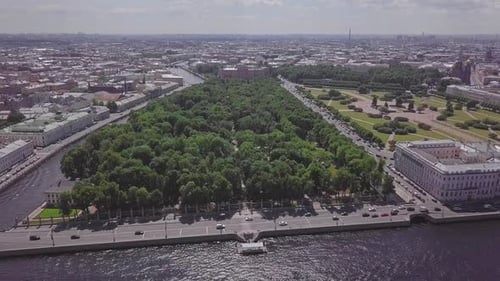 Saint-Petersburg, an aerial drone footage of central park Summer Garden, boats in a river, channel,