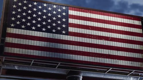 American Flag Billboard Transforms to Sanctions Text Grunge Reveal