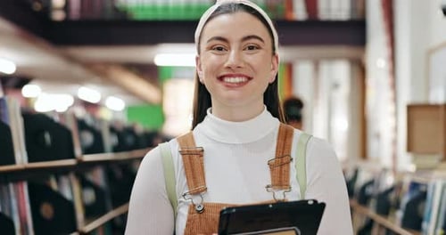 College, student and portrait with tablet in campus library for ebook study or online course
