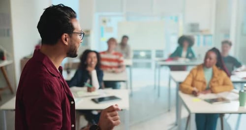 Classroom, happy and teacher with students explain for learning, education and lecture at academy