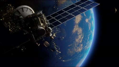 Künstlicher Satellit der Erde. Ein Satellit, der im Weltraum über den Globus fliegt