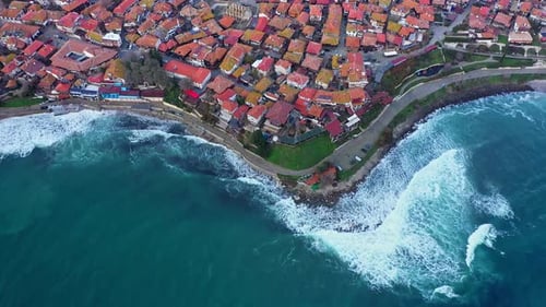 Aerial drone view of old town of Nessebar, Burgas, Bulgaria