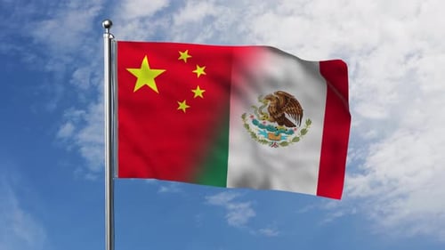 China and Mexico National Flags Waving and Seamlessly Transitioning