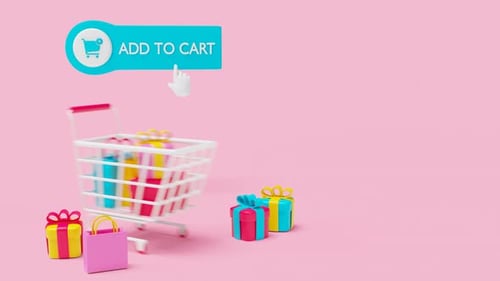 Online Shopping Cart Gifts Presents Add to Cart Button Pink Background ECommerce Retail Sale Purchas