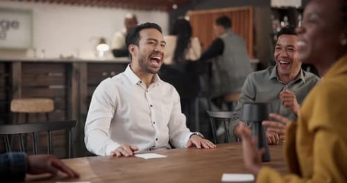 Talking, friends and laughing in restaurant, group and bonding with comedy, remember and catch up