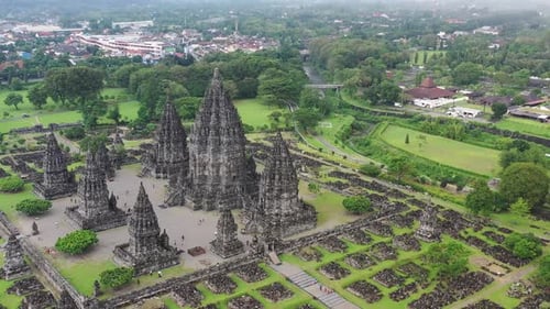 Hindu temple Prambanan in Yogyakarta, Indonesia dedicated to Trimurti creator god, Aerial orbit left